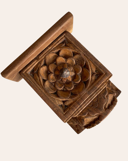 Old Hand-Carved Floral Wooden Wall Shelf With Iron Nail