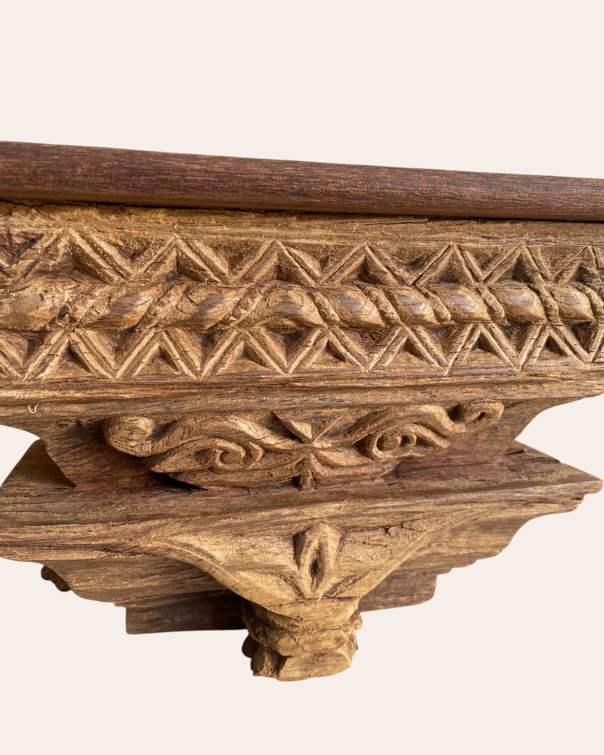 hand-carved geometric wooden corbel wall shelf