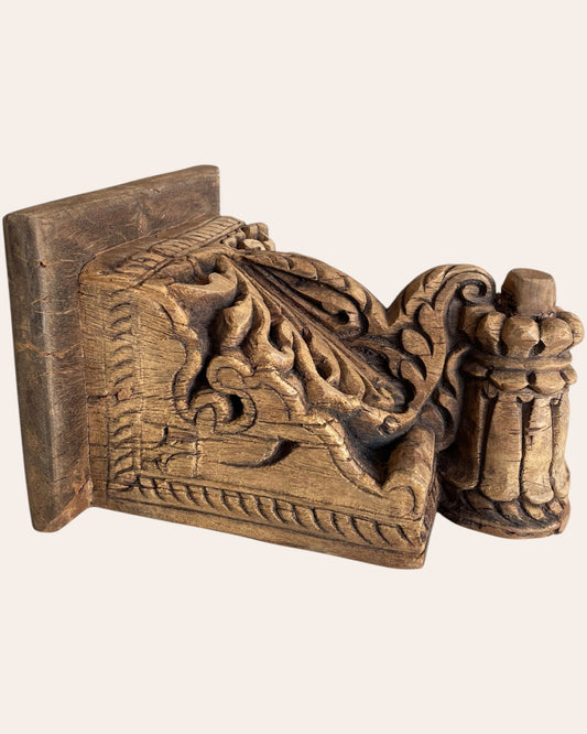 Vintage Hand-Carved Leaf & Scrollwork Wooden Corbel Bracket