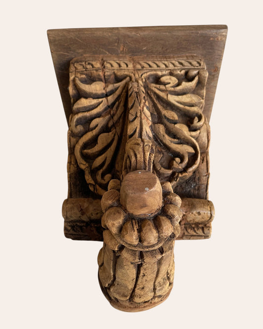 Vintage Hand-Carved Leaf & Scrollwork Wooden Corbel Bracket