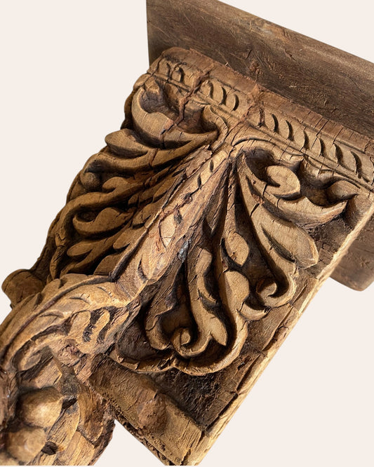 Vintage Hand-Carved Leaf & Scrollwork Wooden Corbel Bracket