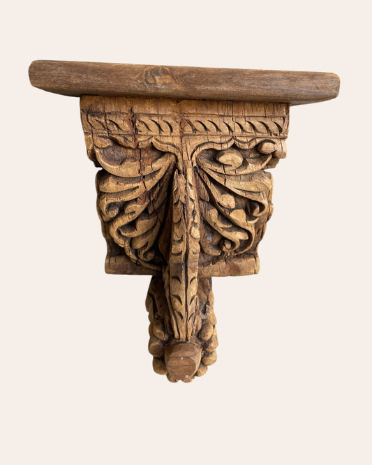 Vintage Hand-Carved Leaf & Scrollwork Wooden Corbel Bracket
