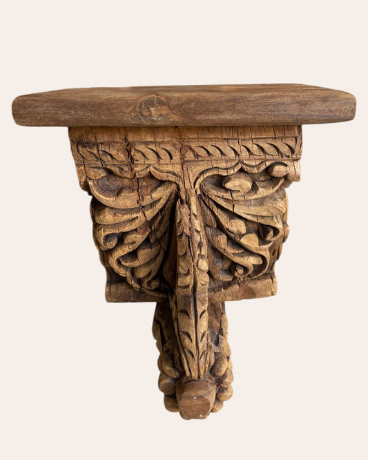Vintage Hand-Carved Leaf & Scrollwork Wooden Corbel Bracket