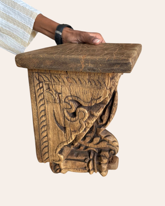 Vintage Hand-Carved Leaf & Scrollwork Wooden Corbel Bracket