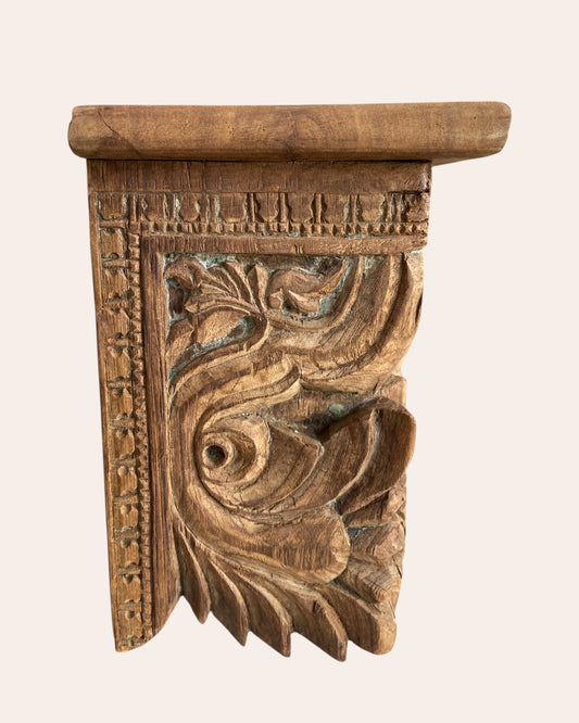 Vintage Hand-Carved Sunburst & Floral Wooden Wall Shelf