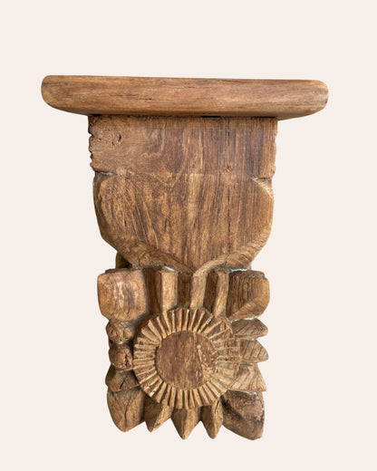 Vintage Hand-Carved Sunburst & Floral Wooden Wall Shelf