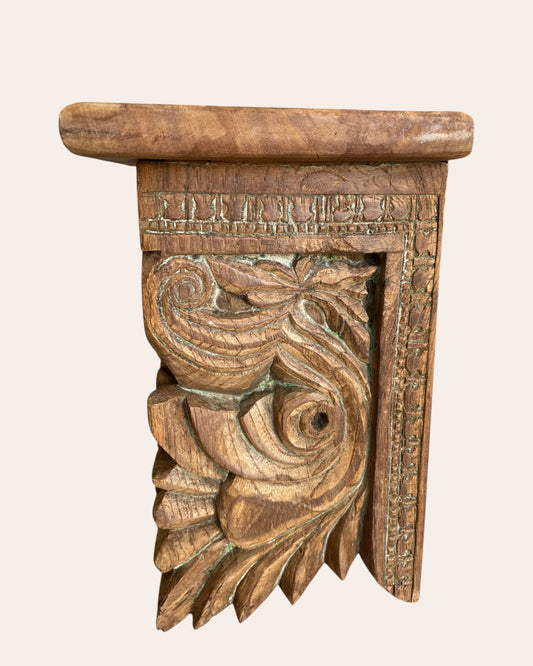 Vintage Hand-Carved Sunburst & Floral Wooden Wall Shelf