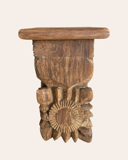 Vintage Hand-Carved Sunburst & Floral Wooden Wall Shelf