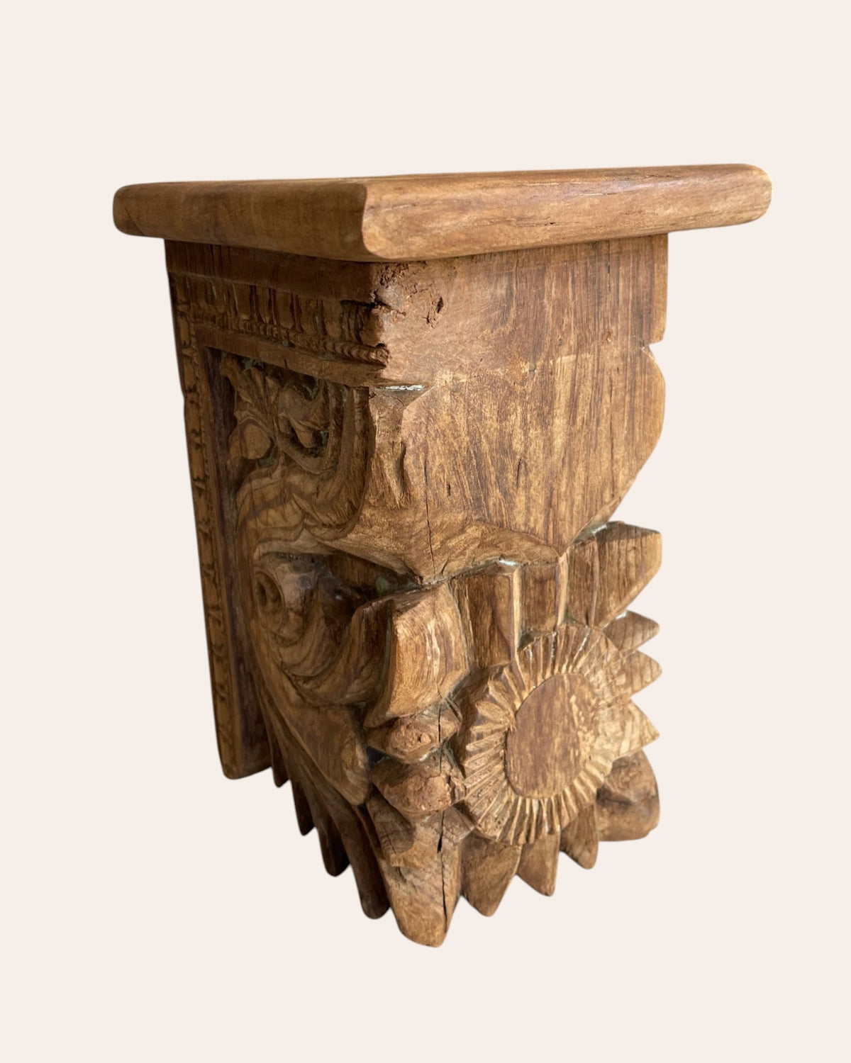 vintage hand-carved sunburst & floral wooden wall shelf