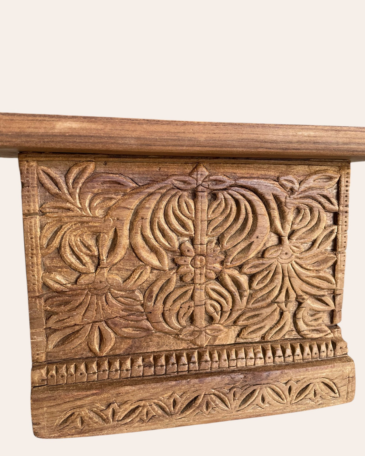 old hand-carved floral & leaf wooden wall shelf
