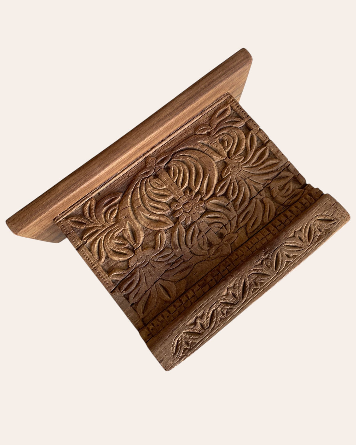 old hand-carved floral & leaf wooden wall shelf