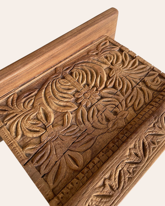 Old Hand-Carved Floral & Leaf Wooden Wall Shelf