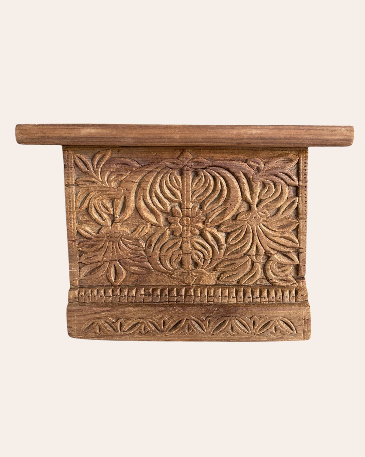 old hand-carved floral & leaf wooden wall shelf