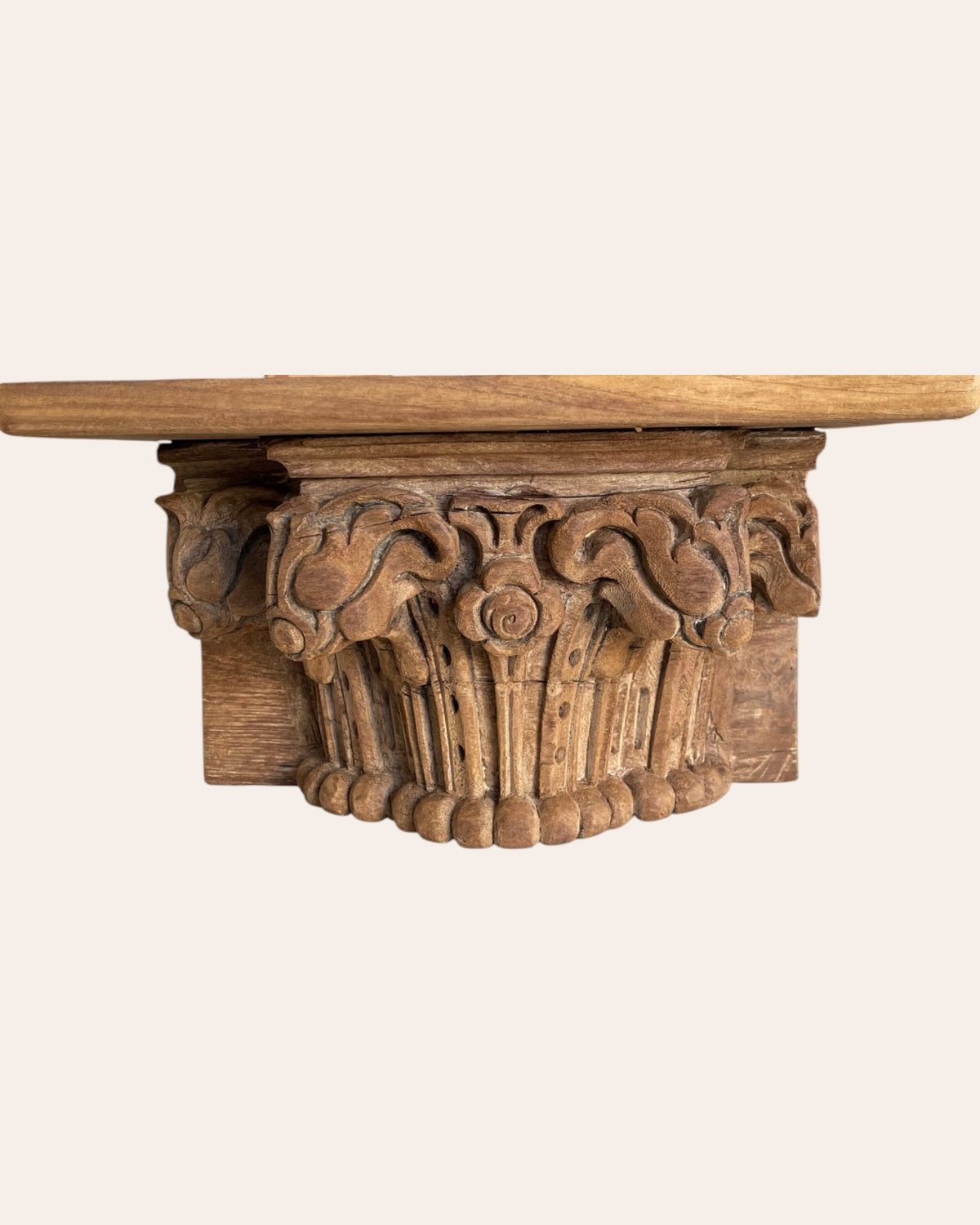 vintage hand-carved wooden floral wall shelf – natural brown finish