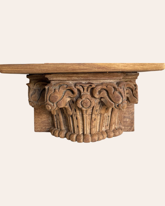 Vintage Hand-Carved Wooden Floral Wall Shelf – Natural Brown Finish