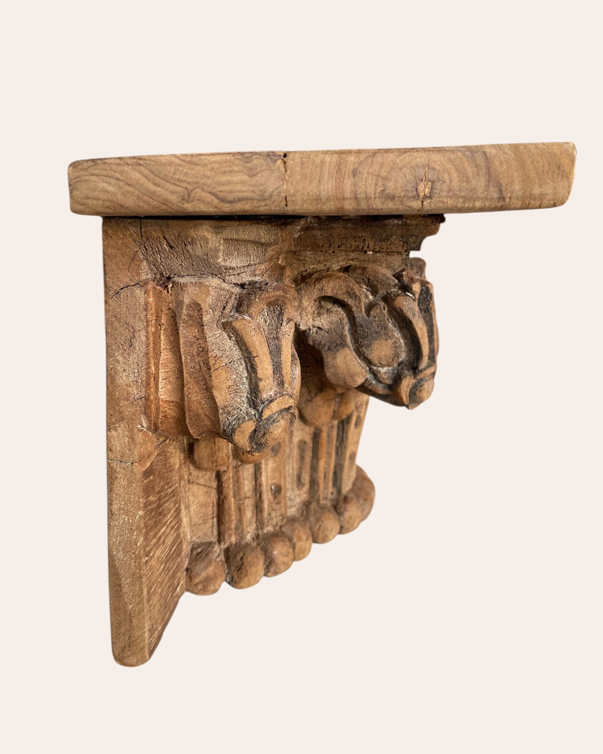 vintage hand-carved wooden floral wall shelf – natural brown finish