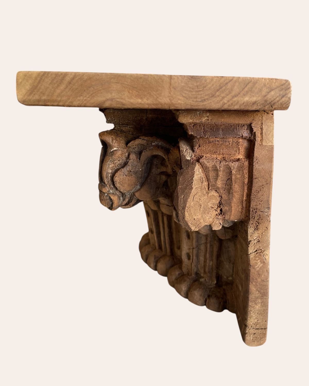 vintage hand-carved wooden floral wall shelf – natural brown finish