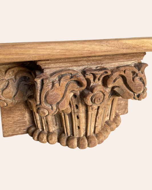 Vintage Hand-Carved Wooden Floral Wall Shelf – Natural Brown Finish