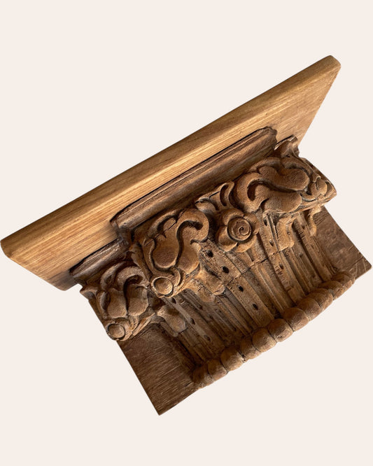 Vintage Hand-Carved Wooden Floral Wall Shelf – Natural Brown Finish