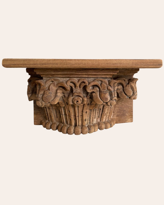 Vintage Hand-Carved Floral Motif Wooden Wall Shelf