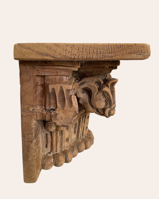Vintage Hand-Carved Floral Motif Wooden Wall Shelf