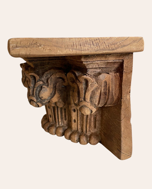 Vintage Hand-Carved Floral Motif Wooden Wall Shelf