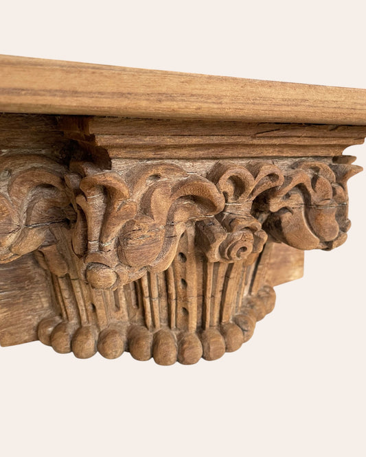 Vintage Hand-Carved Floral Motif Wooden Wall Shelf