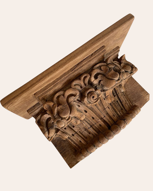 Vintage Hand-Carved Floral Motif Wooden Wall Shelf