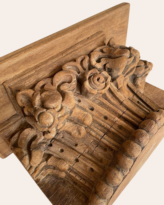Vintage Hand-Carved Floral Motif Wooden Wall Shelf