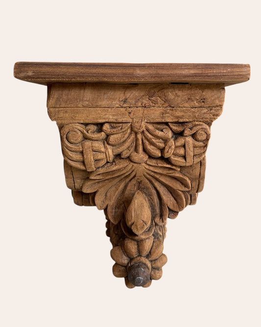 Vintage Ornate Floral Carved Wooden Bracket Shelf