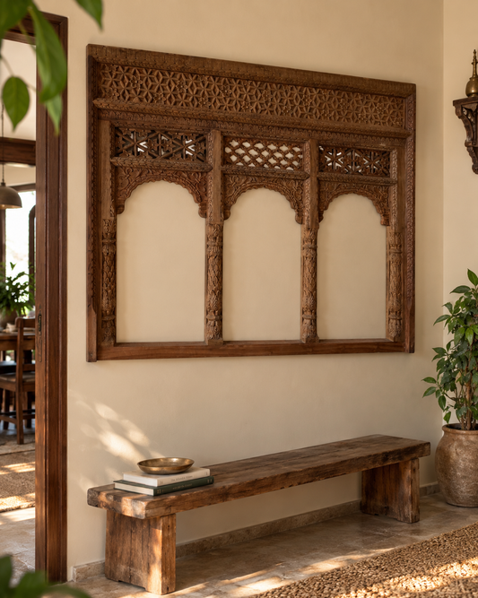 Vintage Hand-Carved Triple Arch Window / Triple Arch / Jharokha Window