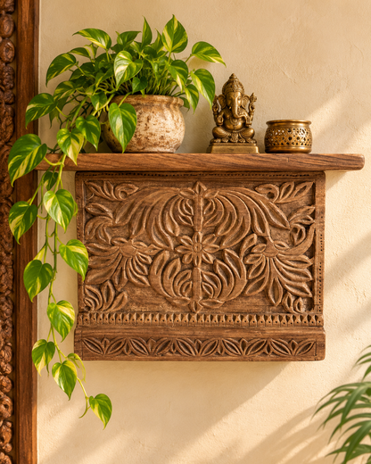 Antique Hand-Carved Floral & Leaf Motif Wooden Wall Shelf