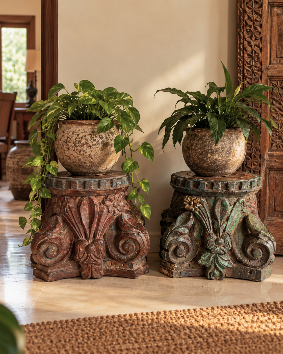 vintage hand-carved wooden pillar base candle holders / plant holders – set of 2