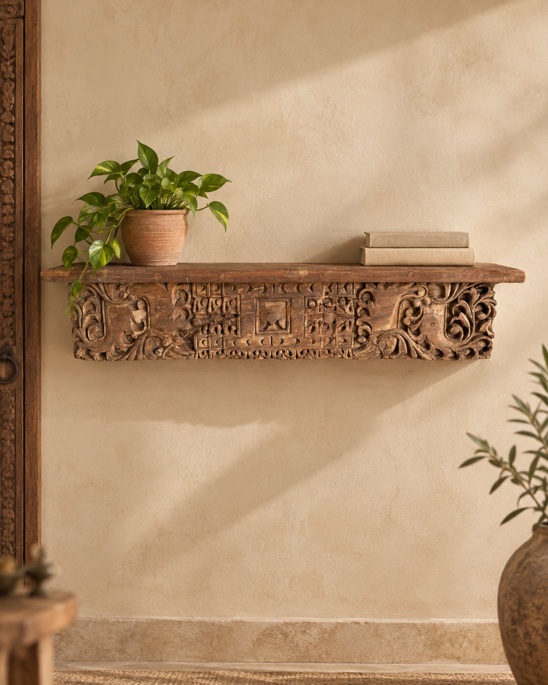 vintage hand-carved wooden architectural wall shelf