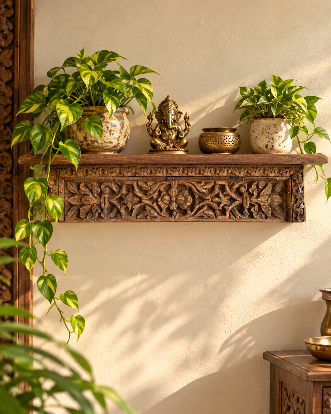 antique old wood floral carved wall shelf