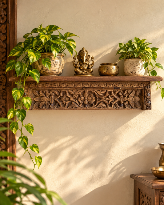 Antique Old Wood Floral Carved Wall Shelf