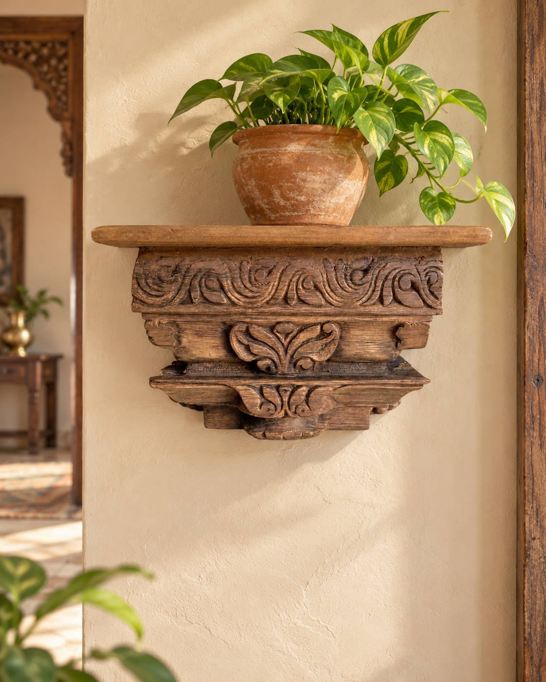 vintage hand-carved floral wooden wall shelf