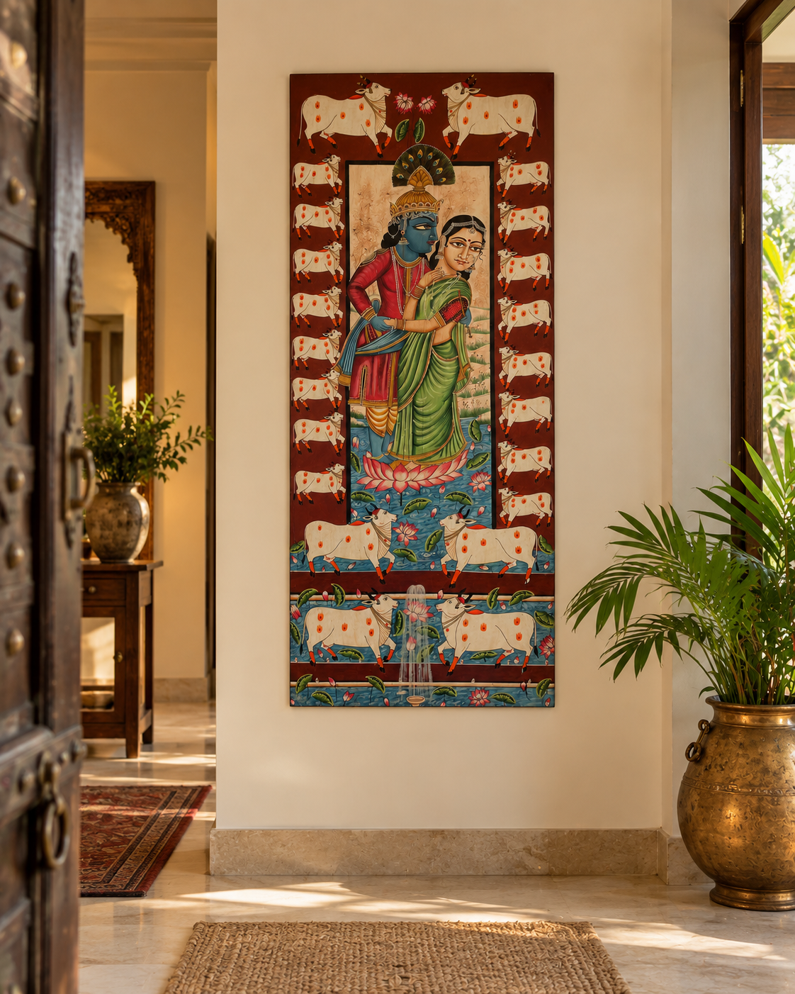 hand-painted radha krishna traditional wooden wall decor panel