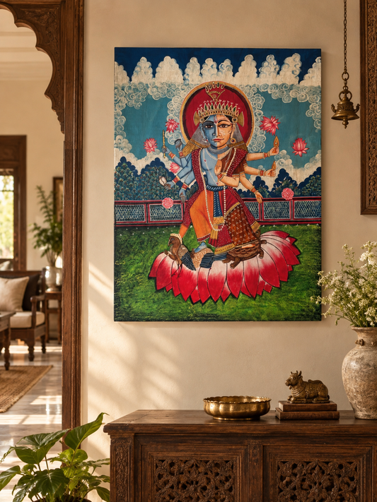Hand-Painted Lord Vishnu & Goddess Lakshmi on Lotus Wall Art