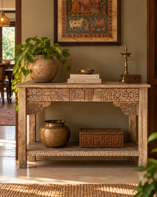 Royal Hand-Carved Console Table Natural Finish